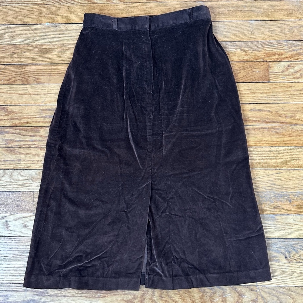 Vintage deep brown velvet skirt with front slit 1970s style zipper size 11